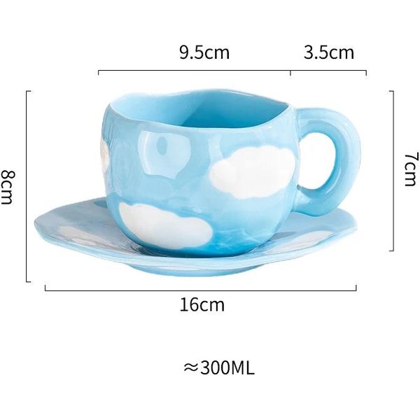 Taza De CeráMica Irregular Creativa Pintada A Mano Con Nubes Y Flores, Taza De Café Con Platillo, Tazas Para Té Con Leche Para El Desayuno, Regalo Hecho A Mano White-image