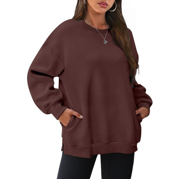 Damskie Bluzy Oversize Z OkrąGłYm Dekoltem I DłUgim RęKawem, Polarowe Pulowery, Jesienna Moda, Ubrania Z Kieszenią XXL BrąZowy-image