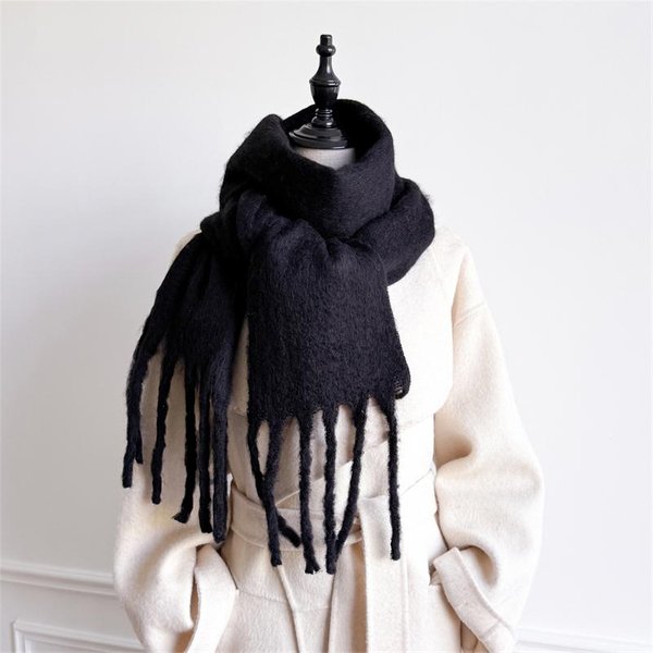 Bufanda De Invierno Para Mujer Cachemir CáLida Lisa Pashmina Manta Chal Envolvente Femenino Grueso Suave Bufanda Borla Grande Chal Poncho Largo Echarpe 20X200 Cm Black-image
