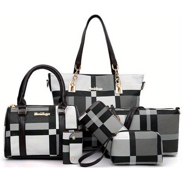 6 Szt. Damskie Torebki Torby Tote Torba Na Ramię Portmonetki Torba Listonoszka Torebka Z GóRnym Uchwytem Torba Crossbody Portfel KopertóWka Kolor Szary-image