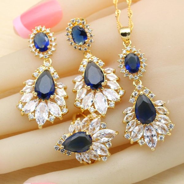 Para Mujeres Conjuntos De JoyeríA De Boda Chapados En Oro Con Cristales Azules Pulsera Pendientes Collar Colgante Anillo Regalo Para Fiesta 10 Beige-image