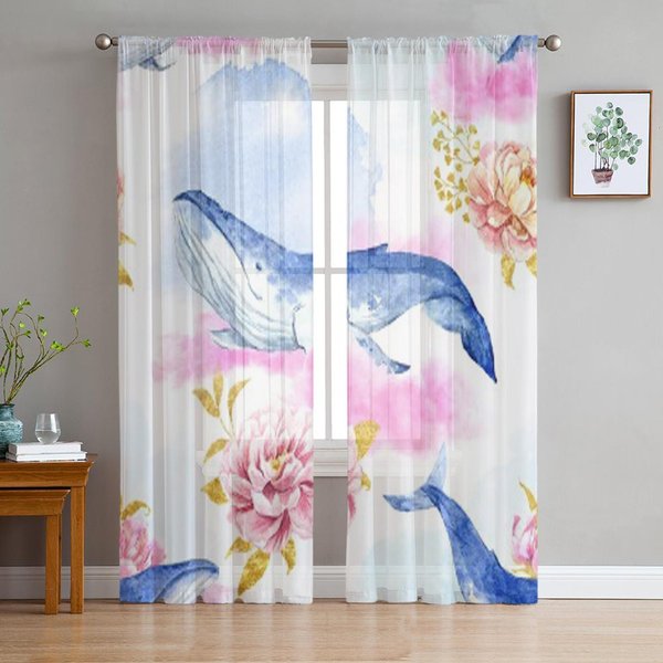 PatróN Abstracto Con Ballenas Cortinas TraslúCidas De Tul Con Flores Para DecoracióN De SalóN, Dormitorio, Cocina, Cortinas De Voile Organza 135W X 114H(Cm)-image