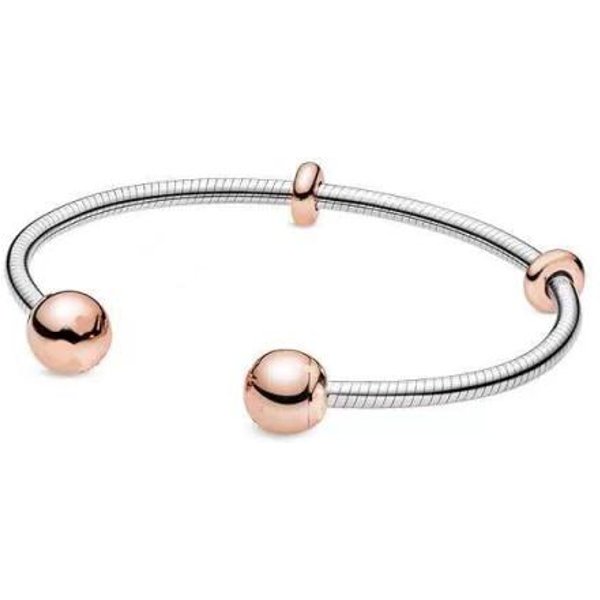 925 Sterling Silver Rose Golden Moments Otwarta I Srebrzysta Bransoletka Z łAńCuszkiem W KształCie WężA Otwarta BiałA Cyrkonowa Otwarta Bransoletka 19Cm-image