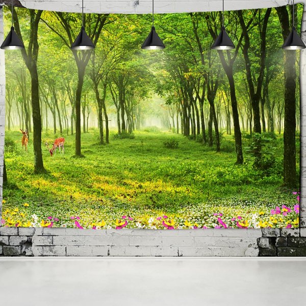 Tapiz De Paisaje De CabañA De RíO De Pino Para Colgar En La Pared, Tapiz PsicodéLico Hippie, DecoracióN ArtíStica, Fondo De Tela 95X70Cm Green-image