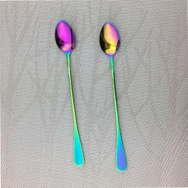 Lody Z DłUgą RąCzką Scoop Zestaw StołOwy Kolorowe Naczynia StołOwe łYżKa Bar łYżKi Sok Kawa Mieszanie Zestaw SztućCóW NarzęDzia Kuchenne 2Pcs Long Spoon Multikolor-image