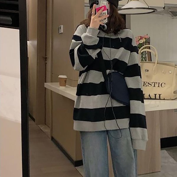 Retro Sweter W Paski Damski Nowy Wczesnowiosenny Jesienny Odzież Cienki LuźNy Wersja KoreańSka Top Z DłUgim RęKawem L Brown-image