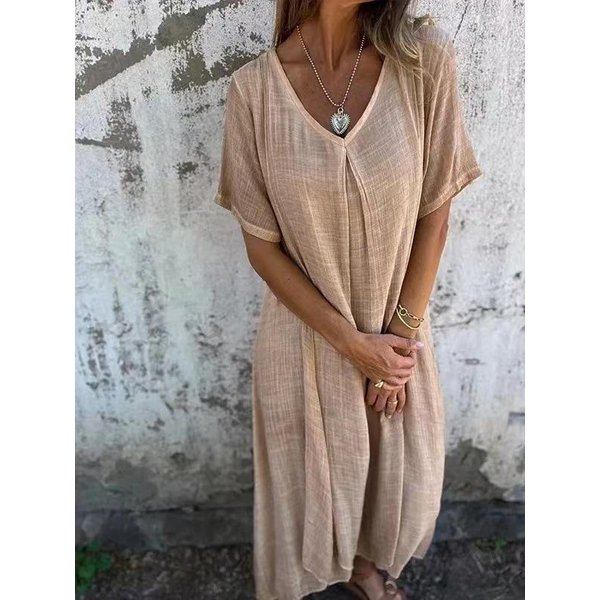 Styl BawełNa Len LuźNa Sukienka Damska Sukienka Z Dekoltem V Vintage Prosta Sukienka PlażOwa MięKka OddychająCa DłUgie Sukienki S Gray-image