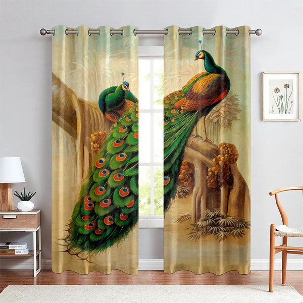 2 Piezas Cortinas Estampadas Con PatróN Floral De Pavo Real Vintage, Dormitorio Sala De Estar Cocina Bolsillo Para Barra Cortinas Decorativas CóModas W50Xh140(Cm)X2Pcs&Rod Pocket-image