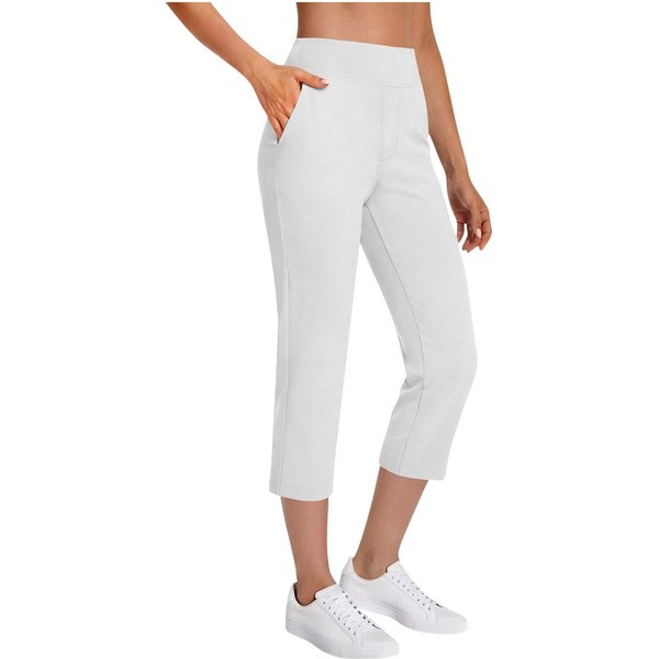 Pantalones Capri Para Mujer Cintura Alta Cintura EláStica Pantalones Acortados EláSticos Con Bolsillos Para Uso Casual Diario L Blanco-image