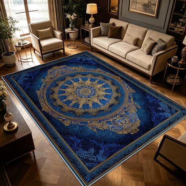 Retro Perski Niebiesko-ZłOty Dywan Salon Luksusowy WystróJ Domu Sofa Stolik Kawowy Dywanik Puszysty AntypośLizgowy Zmywalny Sypialnia Mata PodłOgowa 2.6X3.9Ft(80X120Cm)-image