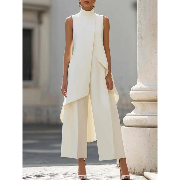 Conjunto De Dos Piezas Para Mujer: Top AsiméTrico Sin Mangas De Cuello Alto Y Pantalones De Pierna Ancha S Gray-image