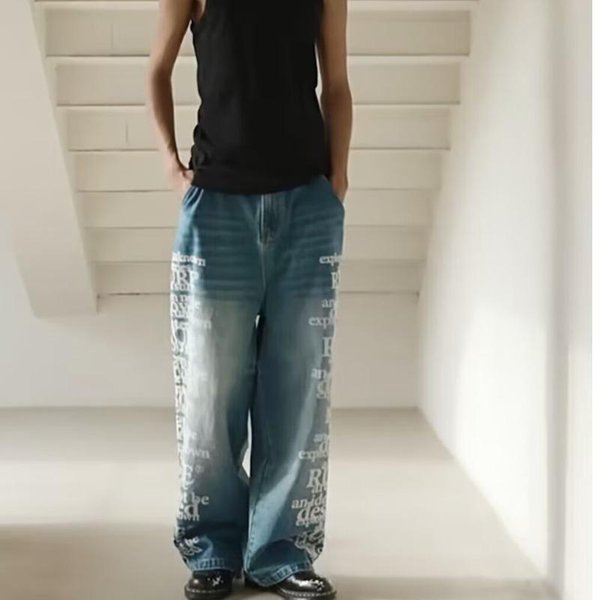 Jeans Lavados Con Estampado De Letras Retro Americano Para Hombre, Pantalones Casuales Sueltos 3XL Azul-image