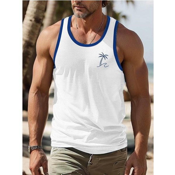 Letnia Nowa Codzienna MęSka Koszulka Bez RęKawóW Z Nadrukiem Styl Hawajski Modna MęSka Kamizelka Z OkrąGłYm Dekoltem Outdoor XL Beige-image