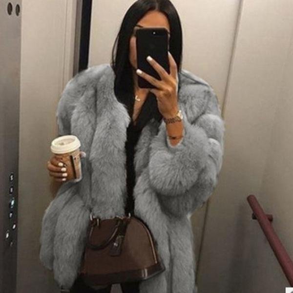 Modny Damski Zimowy Luksusowy PłAszcz Ze Sztucznego Futra Elegancka Futrzana Gruba CiepłA Kurtka Sztuczne Futro Imprezowy Kardigan PłAszcz 4XL Szary-image