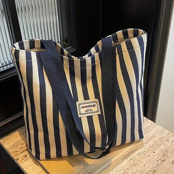 Pasiasta Torba Tote Prosta Moda DużA Pojemność Pasiasta Torba Tote Codzienna Jednoramienna Torba Szkolna - Wszechstronna Torba Tote Dla Kobiet Do Pracy Niebieski-image