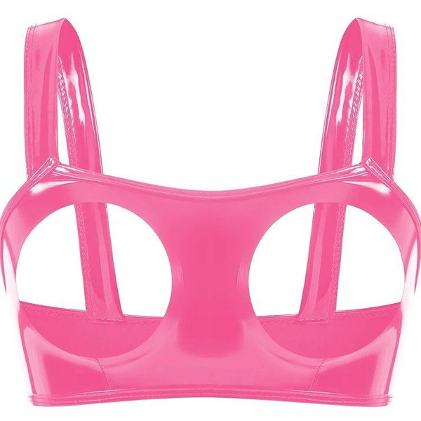 S-3XL Tops Cortos De PVC Efecto Mojado Cuero PU Brillante Hueco En El Busto Bustier Camiseta Sin Mangas Medias sexy Corto Ropa De Club Croptop Camisola Chaleco M Pink-image