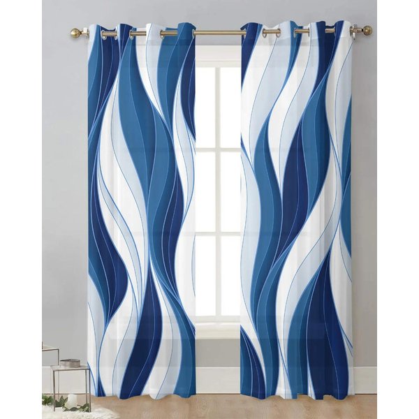Ciemnoniebieskie Linie Ripples Nowoczesne ZasłOny Tiulowe ZasłOny Woalowe Do Salonu Przezroczyste ZasłOny Okienne Akcesoria Do Sypialni W65X60H(Cm)X2Pcs&Hook-image