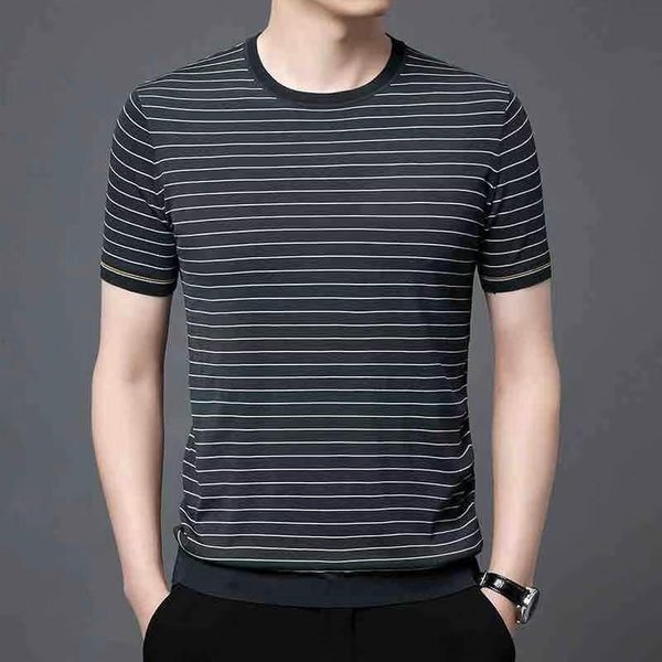 Camiseta De Punto De Verano Para Hombre Moda Rayada Manga Corta Casual Camiseta BáSica Fina Estilo Coreano Cuello Redondo Tendencia Para JóVenes Y Mediana Edad 3XL Black-image
