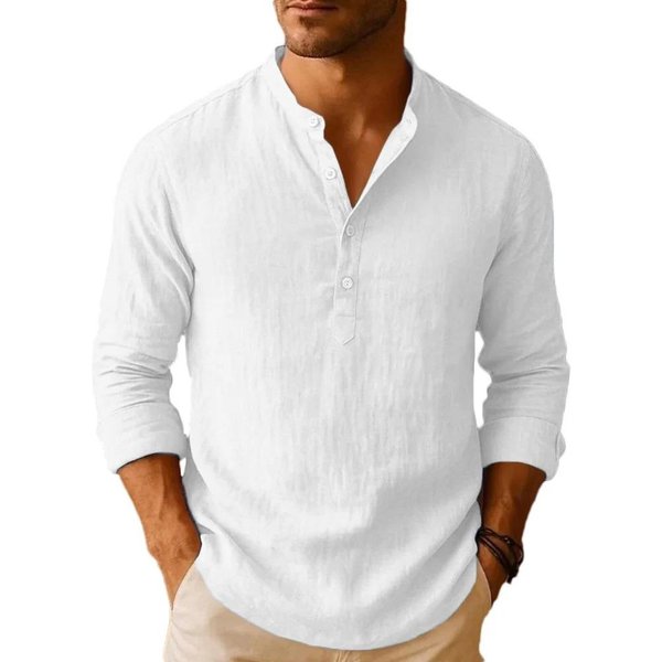 Camisa Henley Ligera De Mezcla De Lino Para Verano Para Hombre - Transpirable De Manga Larga Casual De Color SóLido Con Botones M Blanco-image