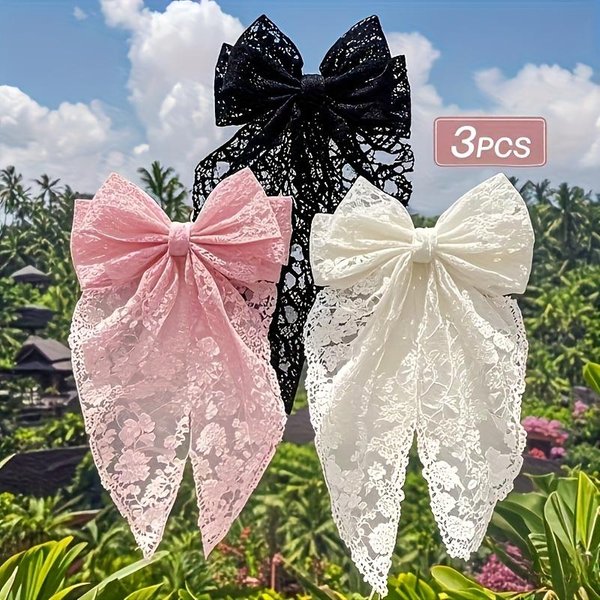 3 Szt. Elegancka Koronkowa Spinka Do WłOsóW Z Kokardką - Czarna, RóżOwa - Elegancka Spinka Do WłOsóW Z Kokardką,-image