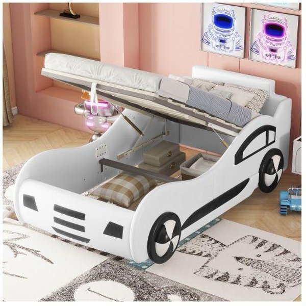 Cama Infantil - Muvoe - 90 X 200 Cm - Blanca - Con Almacenamiento - DiseñO Coche Blanco-image