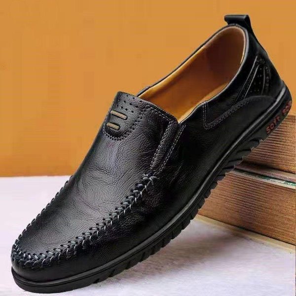 Mocasines Para Hombre, Zapatos Casuales De Cuero Para Negocios, Mocasines Para Conducir, Zapatos Planos Cosidos A Mano 40 Negro-image