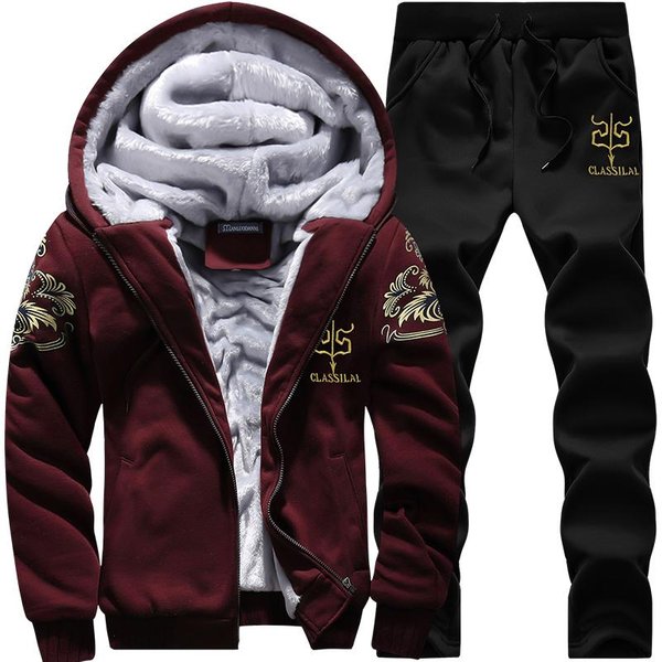 Gruby Dres MęSki Jesienno-Zimowy CiepłY Casual MęSki Zestaw Z Nadrukiem Kurtka Z Kapturem + Spodnie Dresowe 2 Sztuki Zestawy Streetwear Xxxxxl Czerwony-image