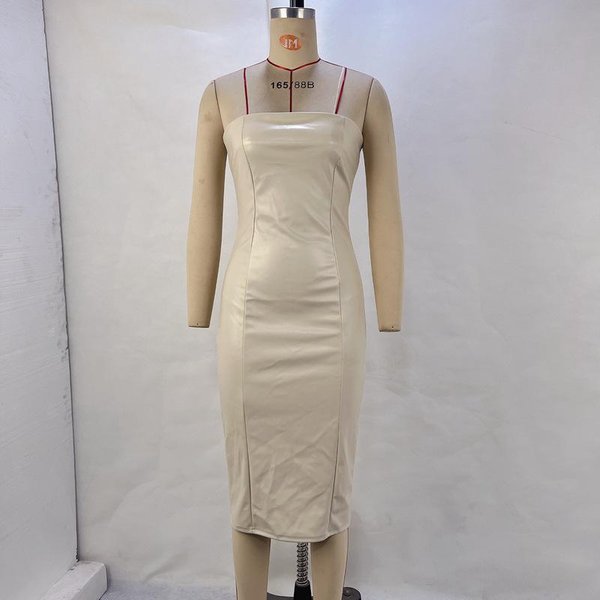 Vestido Sexy De Mujer OtoñO E Invierno Color SóLido Cuero PU Sin Tirantes Cinturilla Cadera L Marfil-image