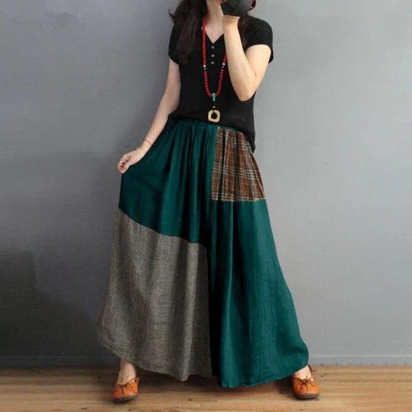 Falda De Medio Cuerpo De AlgodóN Con Bloques De Color, Cintura EláStica Holgada, Estilo Literario Retro, Falda Fina De Corte A, Primavera Y Verano M Verde-image