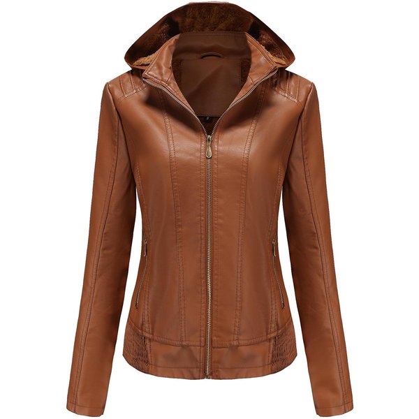 Chaqueta De Cuero Con Capucha Para OtoñO E Invierno Para Mujer Con Capucha Desmontable, Cremallera, Mangas Largas, Chaqueta De Cuero Con Forro Polar, Abrigo Ajustado Talla Europea 3XL Brown-image