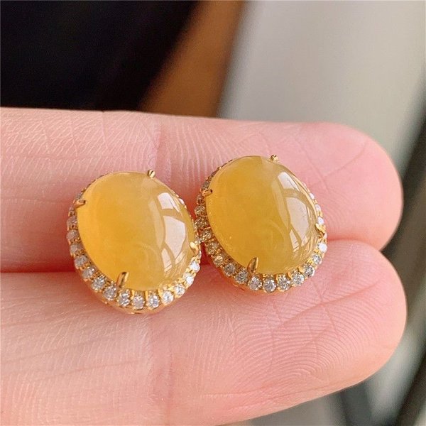 Pendientes Creativos De Calcedonia Amarilla Natural Para Mujer Exquisitos Nuevos En Lujo Ligero Brillantes Ovalados Pendientes De BotóN JoyeríA De Banquete Orange-image