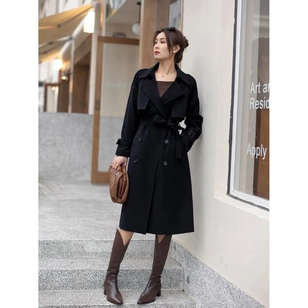 Cortavientos Hasta La Rodilla Para Mujer, Estilo Nuevo De Primavera Y OtoñO, Doble Botonadura, Largo Medio, Abrigo Holgado, Estilo Coreano 2XL Black-image