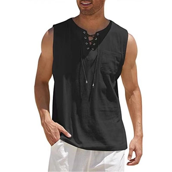Camisas De Lino Y AlgodóN Para Hombre, Chalecos Casuales Sin Mangas, Camisas Con Cordones, Camisetas Sin Mangas Con Cuello En V Retro, Camisas Sueltas, Ropa De Color SóLido Para Hombre XL Negro-image