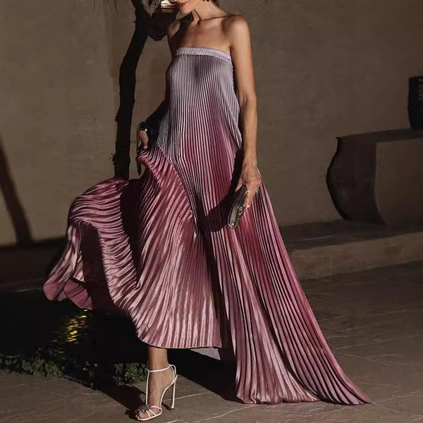 Vestido Sin Tirantes De Color Degradado Para Mujer Vestido Plisado Sin Mangas M-image