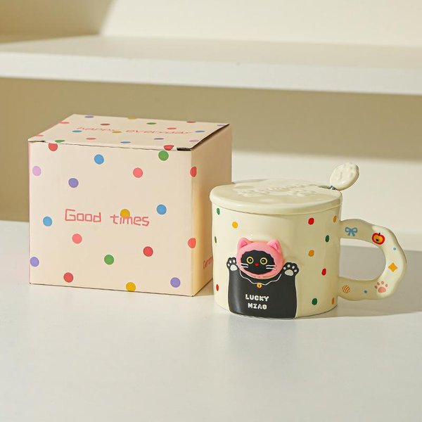 Uroczy Ceramiczny Kubek Z Kotem, Z Pokrywką I łYżEczką, Kubek Na Kawę I Wodę, Kubek Dla Pary, PamiąTka, Prezent, Wysoka Estetyka 301-400Ml Beige-image