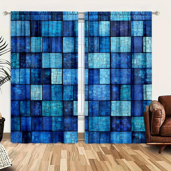 2 Szt. ZasłOna Z Nadrukiem Retro Niebieskich PłYtek Mozaikowych Do Wystroju Domu - ZasłOna Z Tunelem Na Karnisz Do Sypialni, Biura, Kuchni 52.5Cmx116Cm X 2Pcs Blue-image