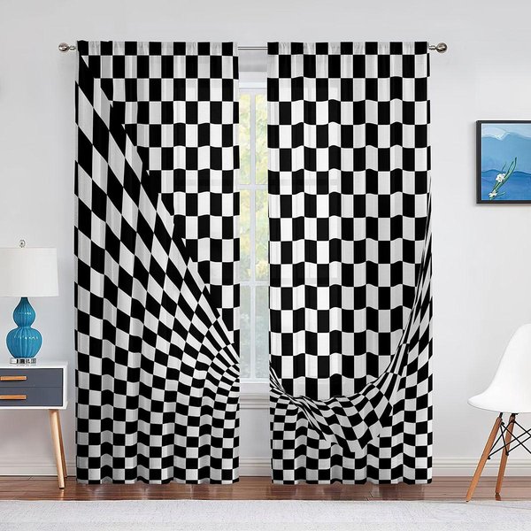 Cortina Voile Transparente A Cuadros Blancos Y Negros Para Decoraciones De Sala De Estar, Dormitorio, Cocina, Bandera De Coche De Carreras, Cortinas De Tul Para Ventana W65X60H(Cm)X2Pcs&Hook-image