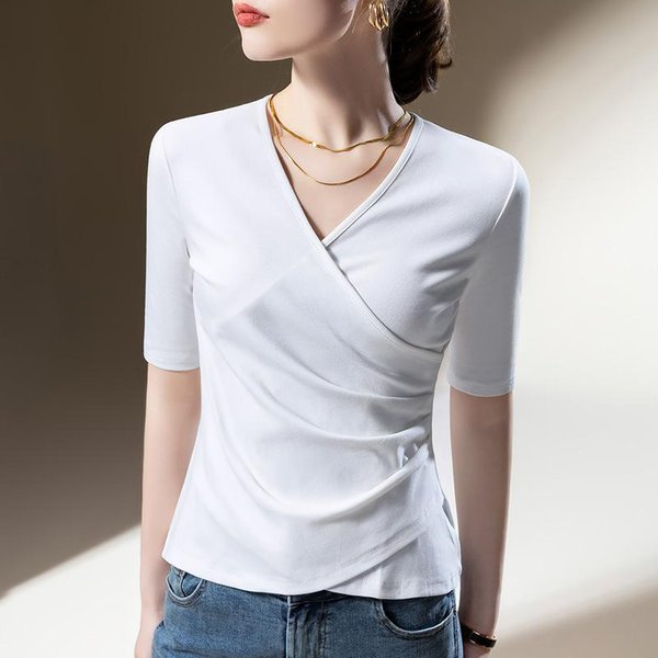 Nueva Camiseta De AlgodóN Para Mujer Estilo Europeo Cuello Cruzado Color SóLido Cintura Fruncida Manga De Tres Cuartos Top 2XL Gray-image