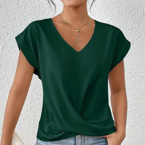 Damski T-Shirt W Jednolitym Kolorze Z Dekoltem W Serek Elegancka Bluzka Z KróTkim RęKawem Wiosenna I Letnia Odzież Codzienna Damska M Black-image