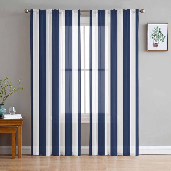 Cortinas GeoméTricas Semitransparentes Rayadas Azul Marino Para DecoracióN De SalóN Cortinas Para Ventana Para Cocina Cortinas De Tul Voile Organza W135 X H137Cm X1-image