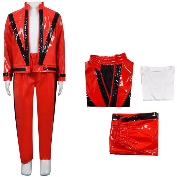 MJ Michael Jackson Thriller Kostium DziecięCy Czerwono Czarna SkóRzana Kurtka Spodnie ChłOpcy Halloween Scena Cosplay StróJ 140-image