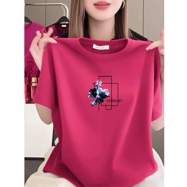 Venta De LiquidacióN: Elegante Camiseta Estampada De Manga Corta Para Mujer, Corte Holgado Con Cuello Redondo, Aspecto Adelgazante Y Juvenil, Perfecta Para Ropa Casual. XL Pink-image