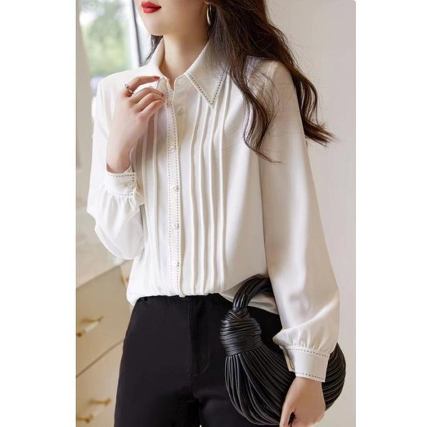 Camisa Blanca De Rayas Verticales Plisada De Manga Larga Para Mujer Holgada De Temperamento DiseñO Sencillo Camisa Top De Nicho Para Mujer 3XL Gray-image