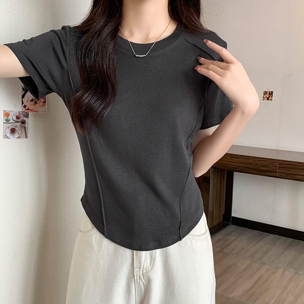 Camiseta De Cuello Redondo Manga Corta Hombro Recto Adelgazante Hueso De Pez Nueva De Verano Base Irregular Top Para Mujer 2XL Gray-image