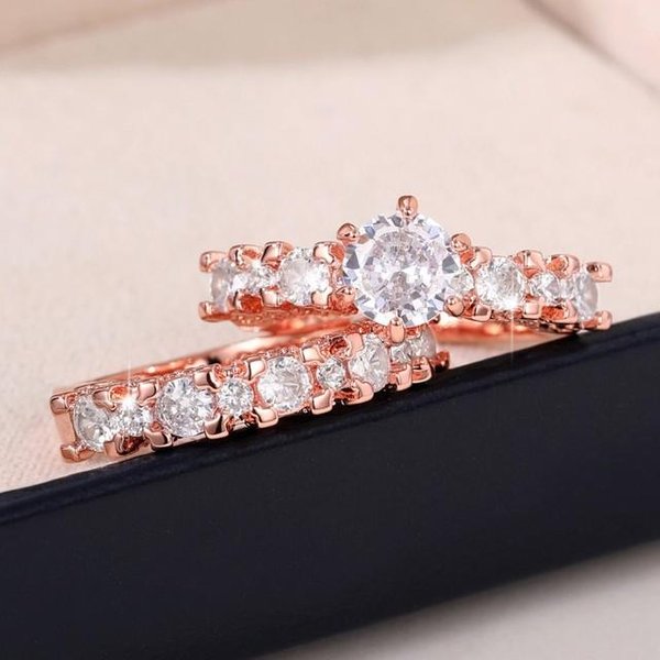 Caoshi Fashion 2 Piezas /Set Anillos De Compromiso Mujer Color Oro Rosa /Color Plata Accesorios Para Boda Set Doble Anillos Para Mujeres 6 Gray-image