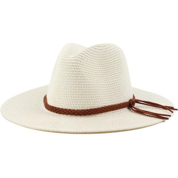 Damski Kapelusz Panama Ze SłOmy PodróżNy Fedora Kapelusz PrzeciwsłOneczny Na Plażę Letni Kapelusz SłOmkowy Zwijany Kapelusz Upf 50+ BiałY-image