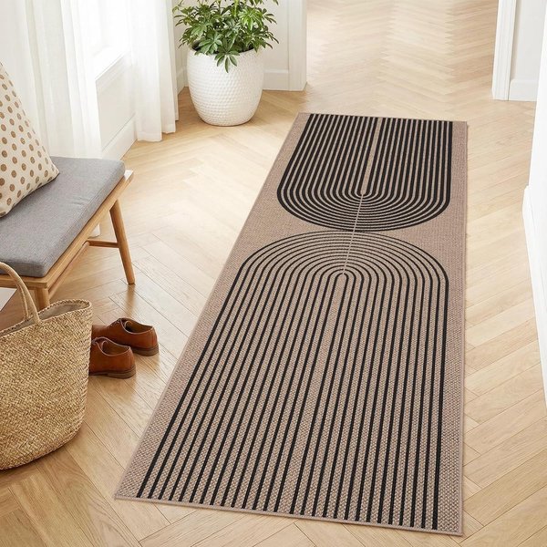 Boho Geometryczny Dywanik Runner AntypośLizgowy, Abstrakcyjny WzóR ŁUkowych Linii Mata PodłOgowa Zmywalna, Dekoracyjny DłUgi Dywanik Do Dekoracji Przedpokoju Mata 40X120Cm-Felt-image