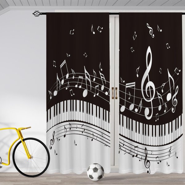 Juego De 2 Cortina Con Estampado De Notas Musicales Bolsillo Para Barra De Cortina Tratamiento De Ventana Para Dormitorio Oficina Cocina Sala De Estar Estudio Para DecoracióN Del Hogar DecoracióN De HabitacióN 2X50W130H(Cm)&Hook-image