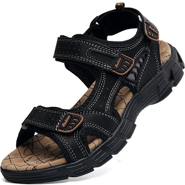 Sandalias De Playa De Cuero Para Hombre, Sandalias Deportivas Ligeras De Cuero Genuino Para Verano 41 Negro-image
