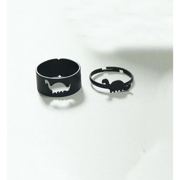 2 Piezas Nuevos Anillos Abiertos De Animales Populares Dinosaurio Punk GóTico Negro Juego De Anillos Para Dedos Moda JoyeríA Vintage Para Parejas Resizable Black-image